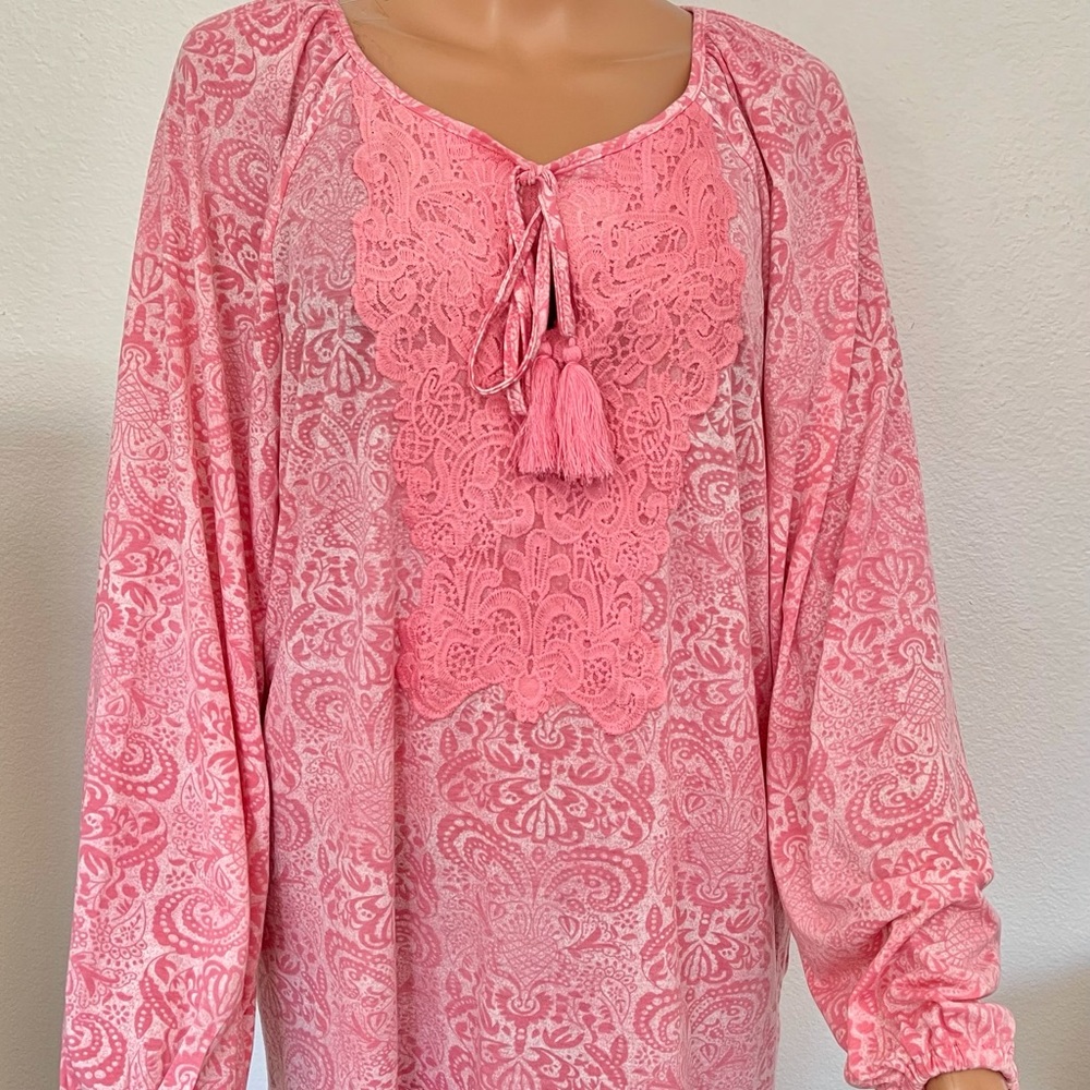 Weekend Suzanne Betro Plus Size 1X Tunic Designer Pink Floral Bohemian Feminine